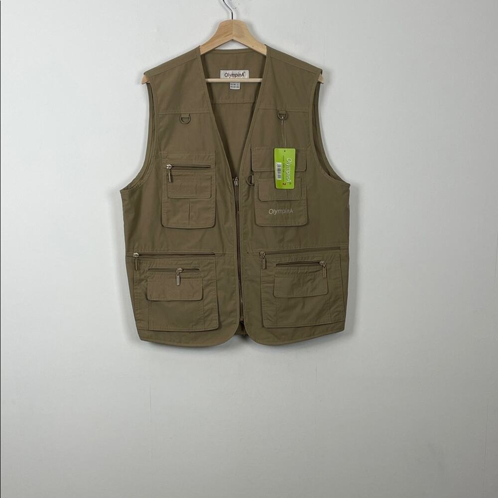 Olympina Outdoor Fishing Hunting Tan Utility Full Zip Safari Men's L Khaki Vest